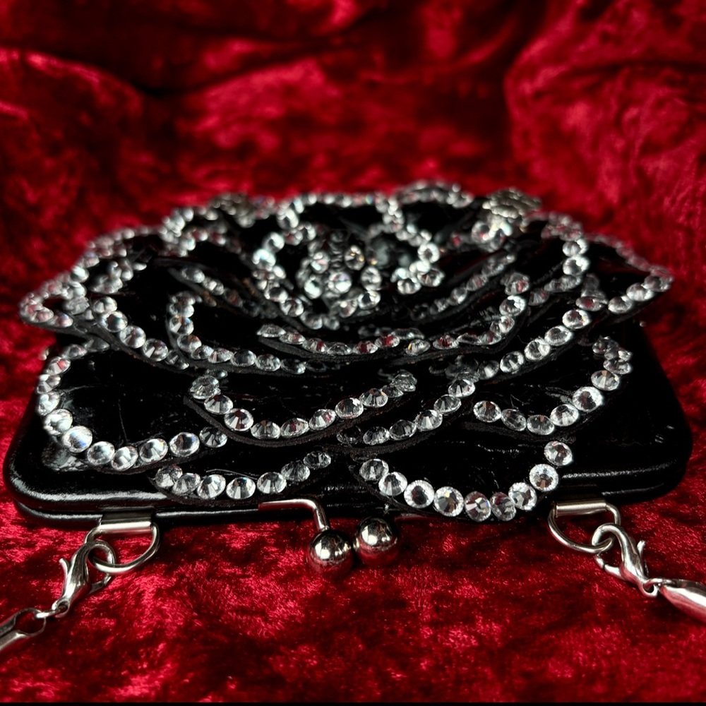 Brighton Black Roselie Patent Leather Bling Coin Purse Bag Pewter Bedazzled Cute - Picture 7 of 17